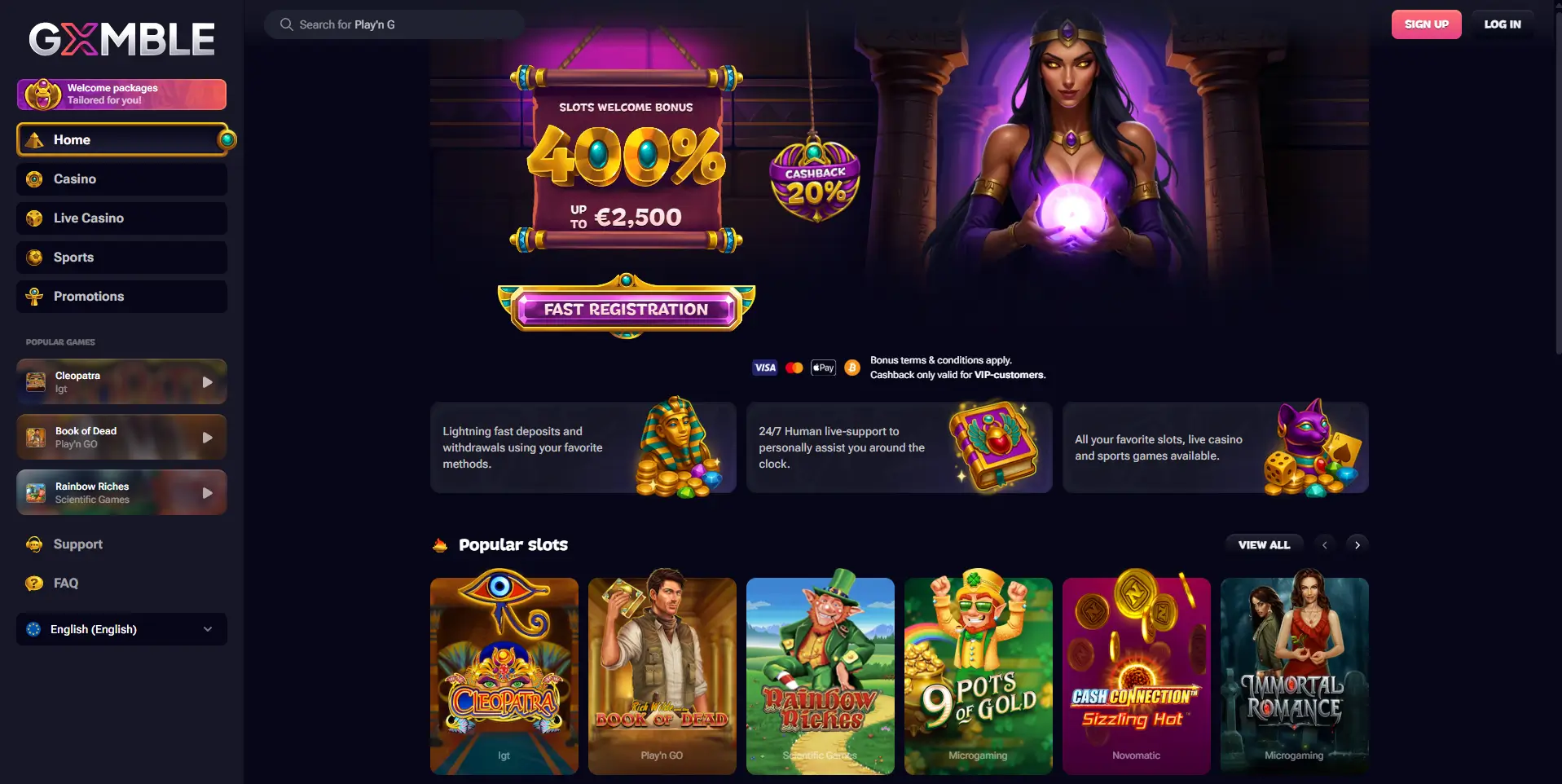 Página inicial do Gxmble Casino com bônus de boas-vindas de 400% e slots populares
